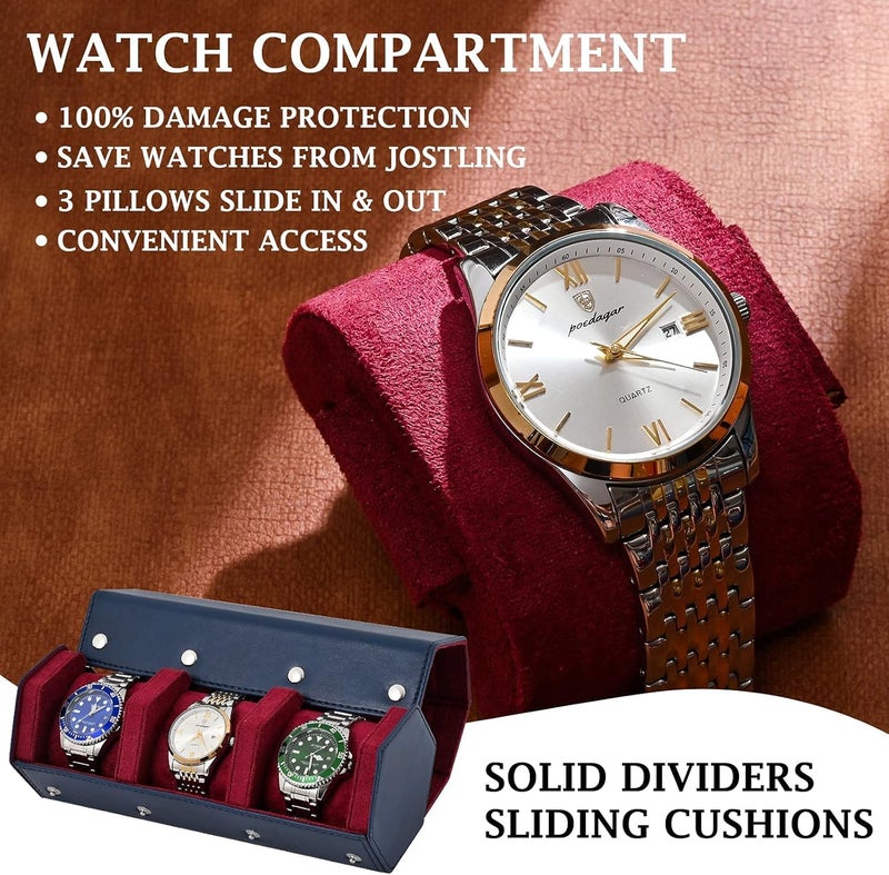 ROSELLE Luxury Leather Watch Roll Travel Case for Men and Women,Travel Watch Case Holds 3 Watches Storage & Display,Designed for steel watch bands &leather metal rubber and bracelets - Image 3